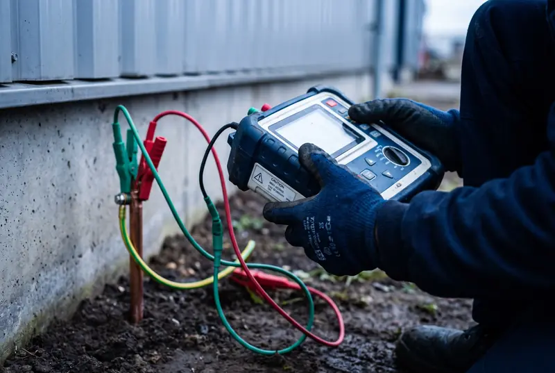 Toprak elektroduna bağlanmış test uçlarıyla topraklama direnci ölçen teknisyen